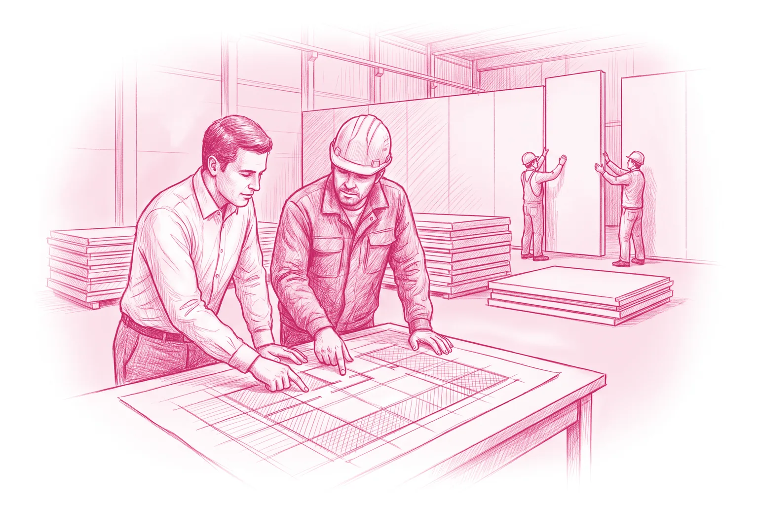 Illustration : un ingénieur du bureau d’études et un chef de chantier MSB23 étudient le calepinage des panneaux, devant des panneaux préfabriqués rangés par zone