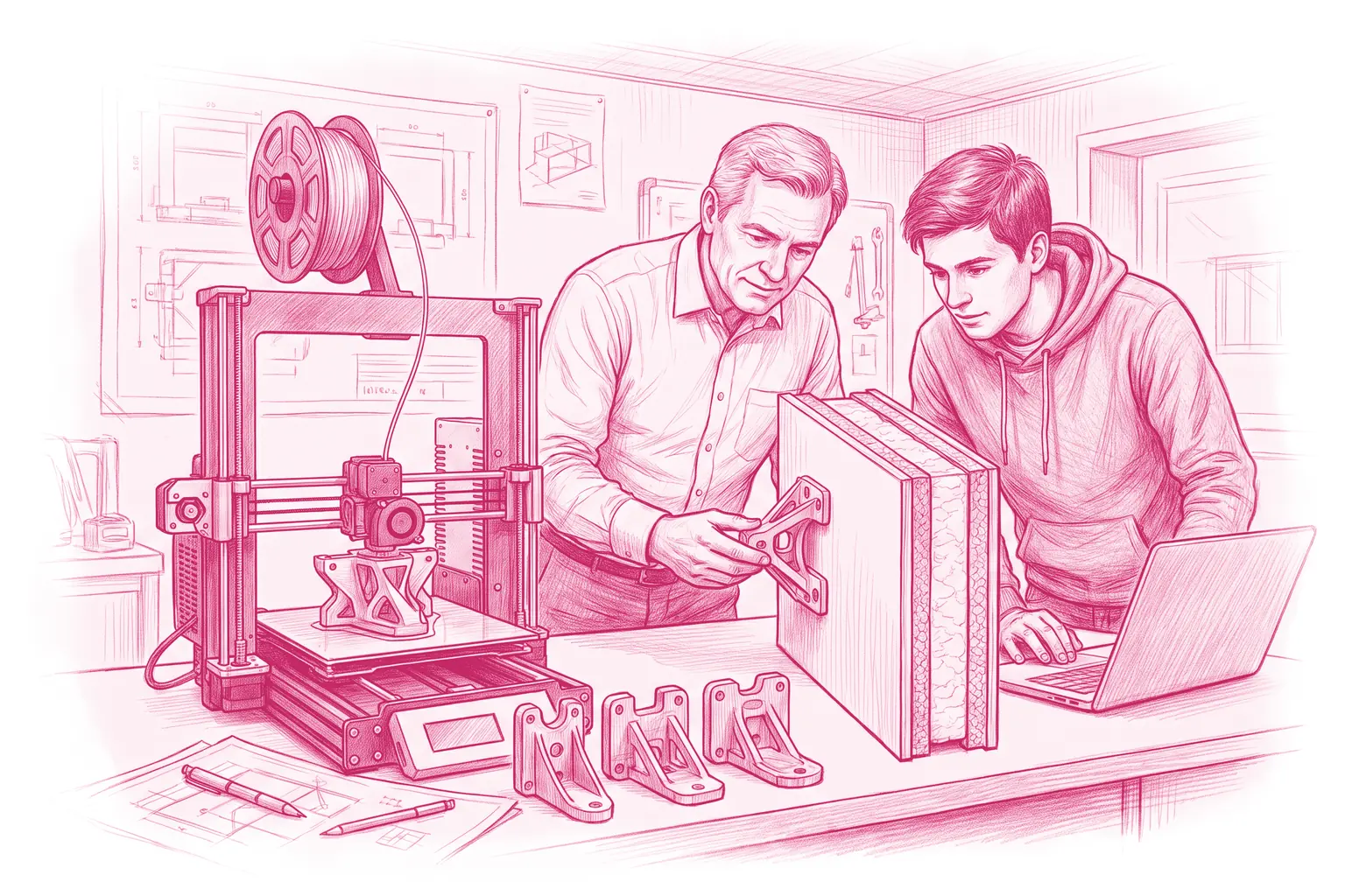 Illustration : le dirigeant de MSB23 et son développeur testent une pièce d’installation imprimée en 3D contre la tranche d’un panneau sandwich