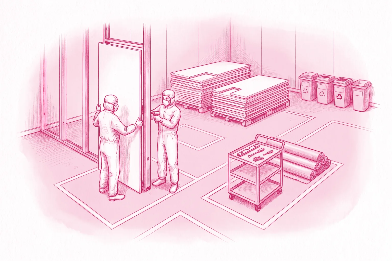 Illustration : chantier lean de salle propre avec zones de travail délimitées, panneaux prédécoupés, desserte d’outils réduite et tri des déchets