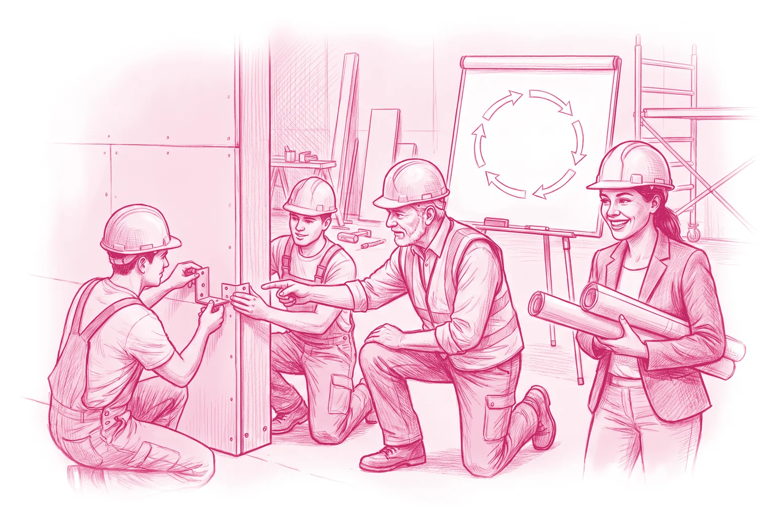 Illustration : un chef d’équipe MSB23 forme deux jeunes poseurs au montage d’une jonction de panneaux, sous le regard du bureau d’études
